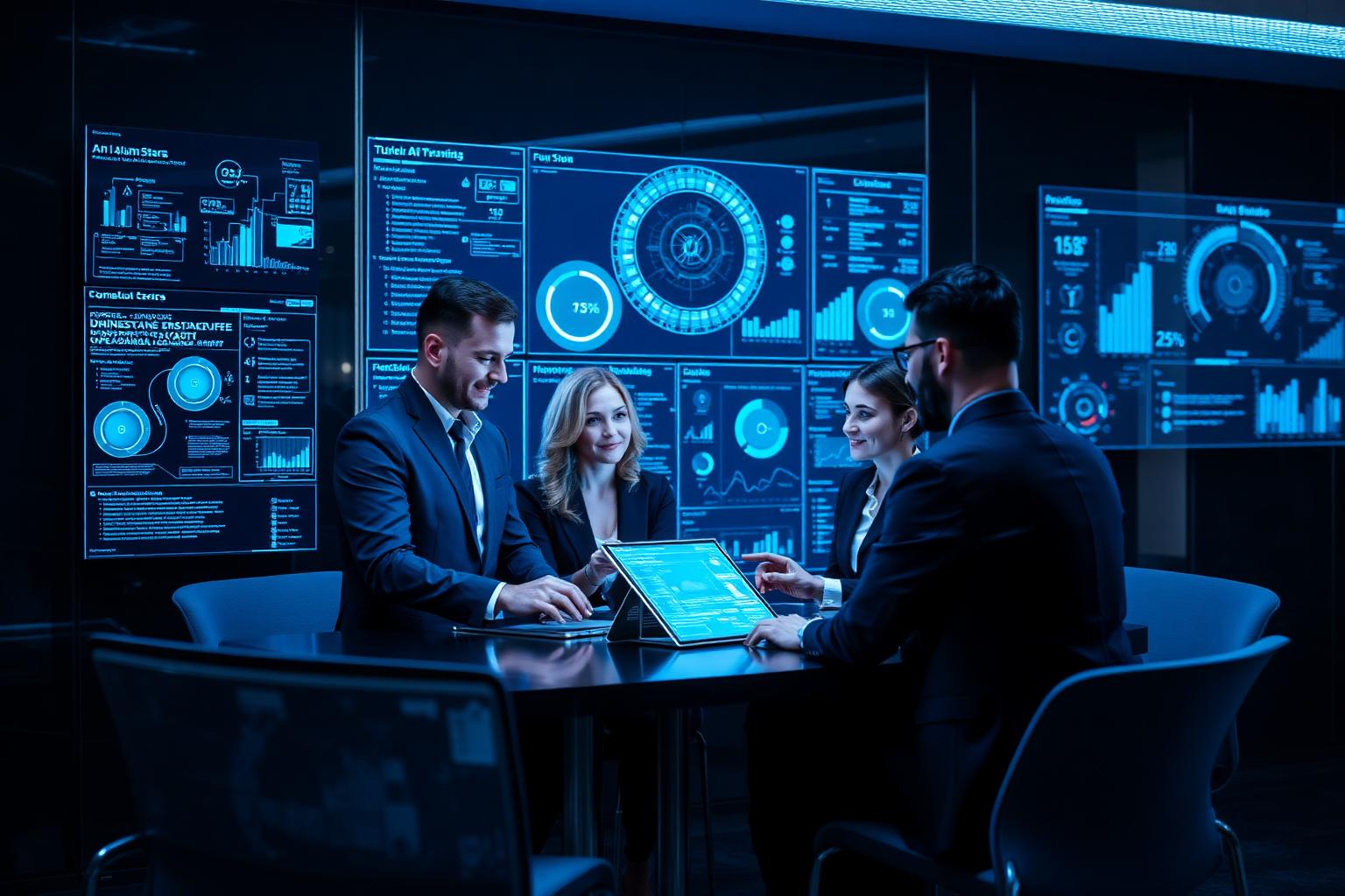 Enterprise team collaborating with AI dashboards